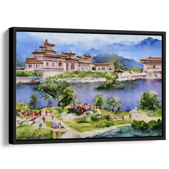 Tranquil Palace: Serene East Asian Watercolor Landscape