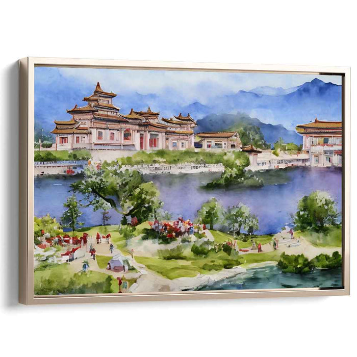 Tranquil Palace: Serene East Asian Watercolor Landscape