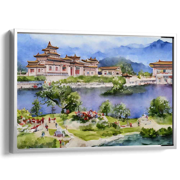 Tranquil Palace: Serene East Asian Watercolor Landscape