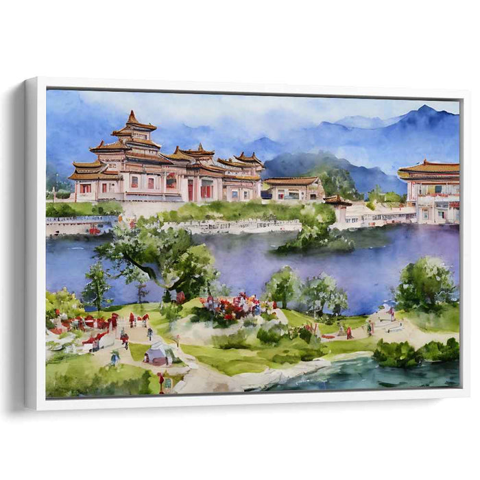 Tranquil Palace: Serene East Asian Watercolor Landscape