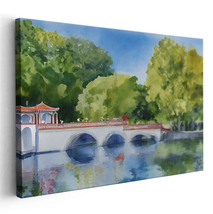 Silent Passage: Tranquil Bridge Over Calm Waters Watercolor Art Print