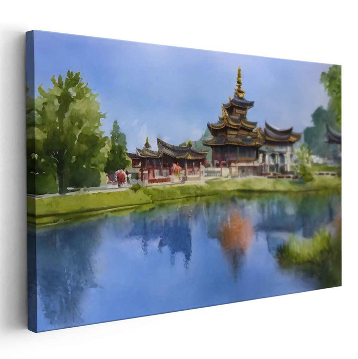 Tranquil Shrine Ink Wash Scene: Serene Temple Watercolor Landscape Canvas Art