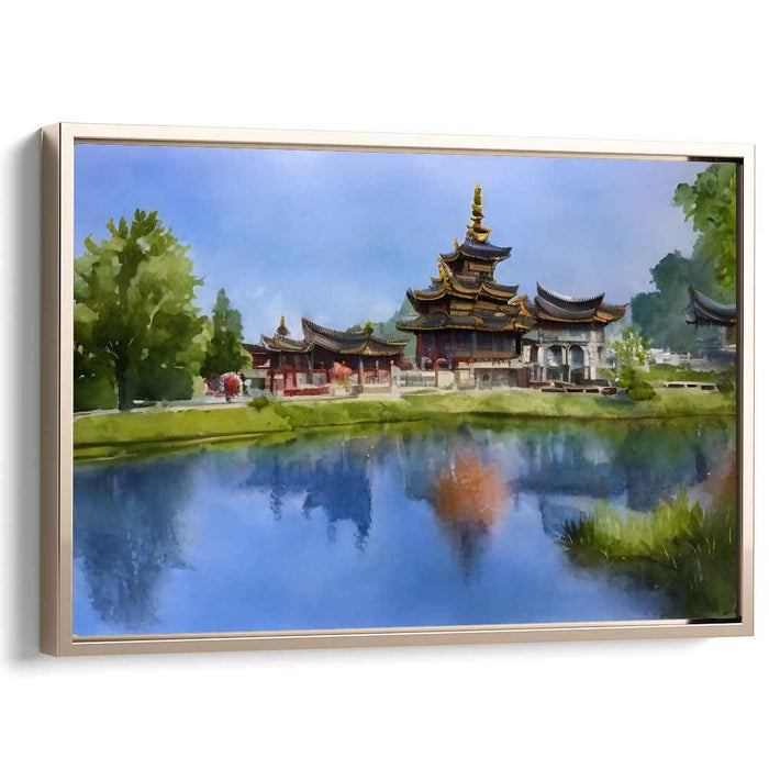 Tranquil Shrine Ink Wash Scene: Serene Temple Watercolor Landscape Canvas Art