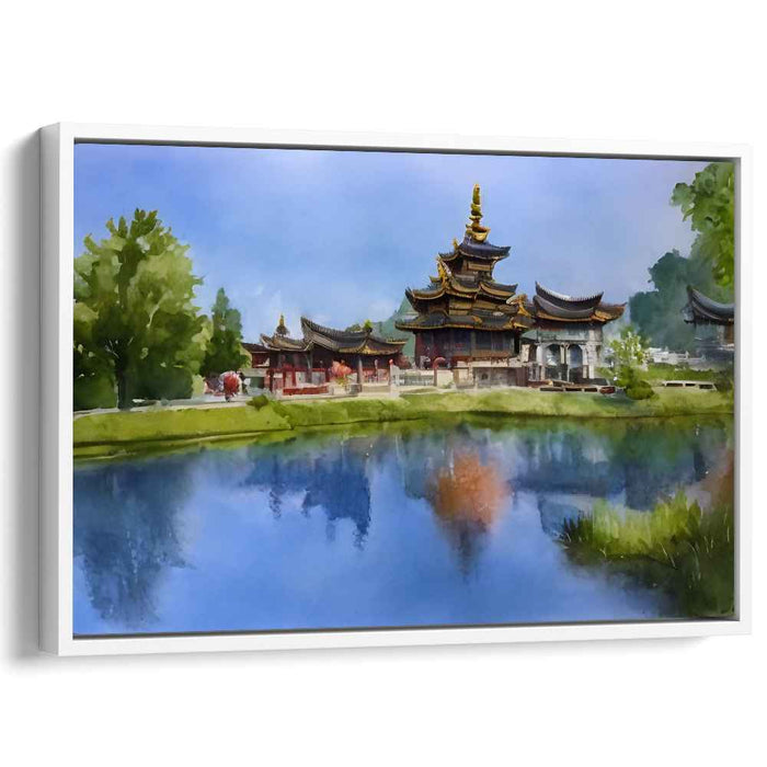 Tranquil Shrine Ink Wash Scene: Serene Temple Watercolor Landscape Canvas Art