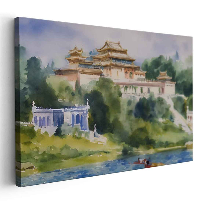 Tranquil Temple: Serene Watercolor Landscape of Traditional Architecture