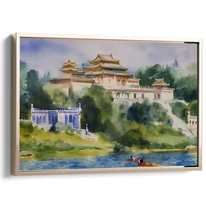 Tranquil Temple: Serene Watercolor Landscape of Traditional Architecture