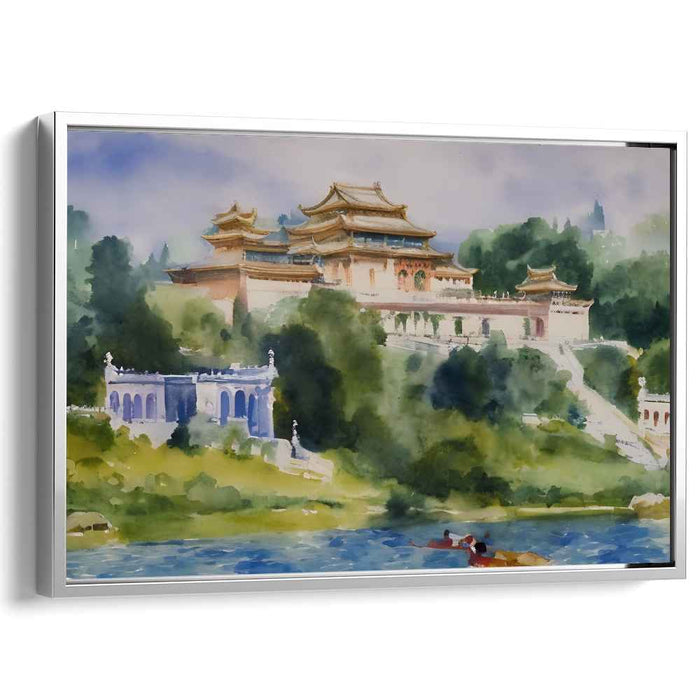 Tranquil Temple: Serene Watercolor Landscape of Traditional Architecture
