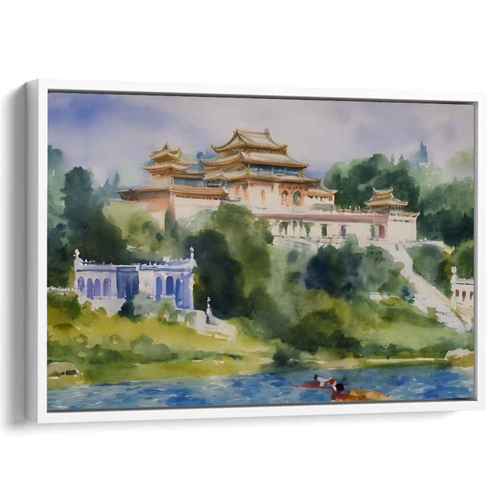 Tranquil Temple: Serene Watercolor Landscape of Traditional Architecture