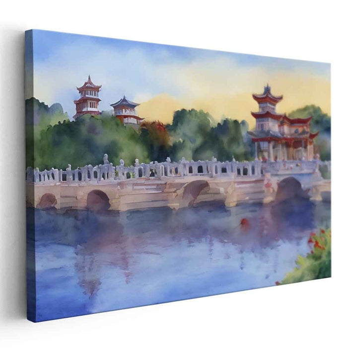 Eastern Tranquility: Traditional East Asian Bridge and Pagodas Watercolor Canvas Art Print