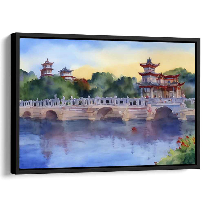 Eastern Tranquility: Traditional East Asian Bridge and Pagodas Watercolor Canvas Art Print