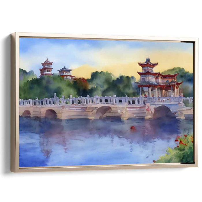 Eastern Tranquility: Traditional East Asian Bridge and Pagodas Watercolor Canvas Art Print