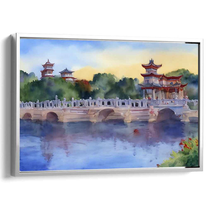 Eastern Tranquility: Traditional East Asian Bridge and Pagodas Watercolor Canvas Art Print