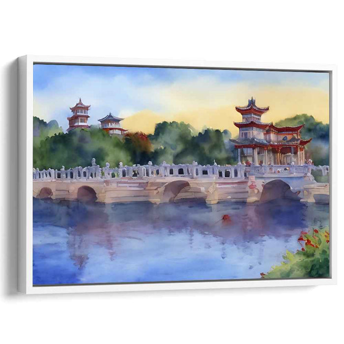 Eastern Tranquility: Traditional East Asian Bridge and Pagodas Watercolor Canvas Art Print