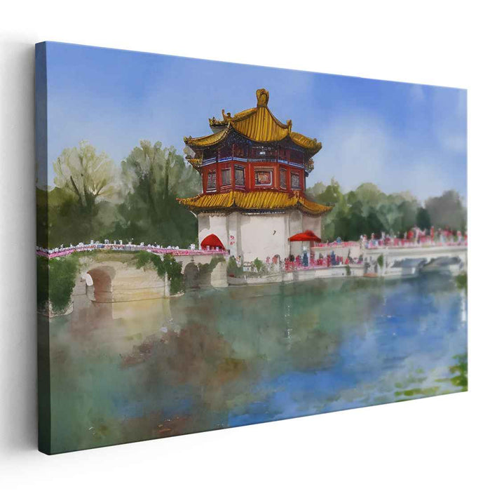 Zen Garden Blooms: Traditional Chinese Pagoda by the Lake Watercolor Art