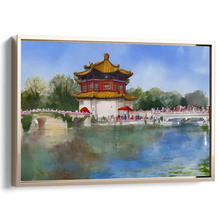 Zen Garden Blooms: Traditional Chinese Pagoda by the Lake Watercolor Art
