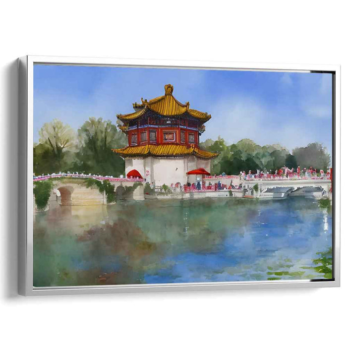 Zen Garden Blooms: Traditional Chinese Pagoda by the Lake Watercolor Art