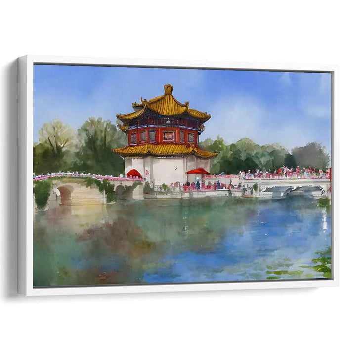 Zen Garden Blooms: Traditional Chinese Pagoda by the Lake Watercolor Art