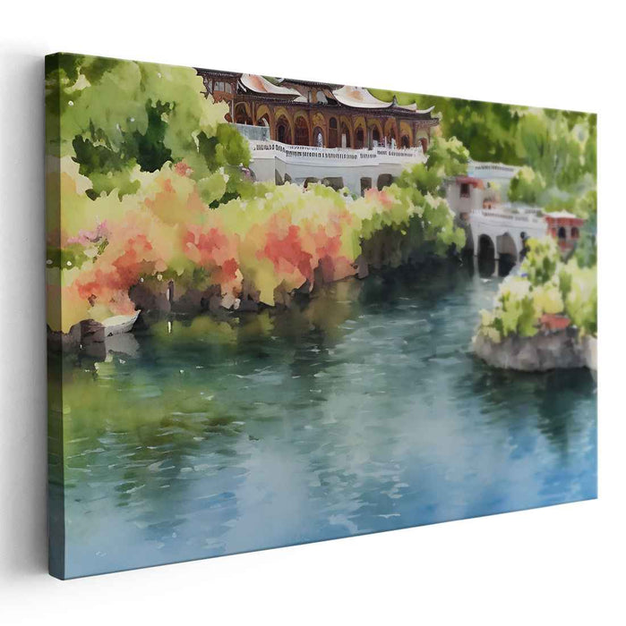 Cultivated Tranquility: Traditional Chinese Garden Watercolor Art Print