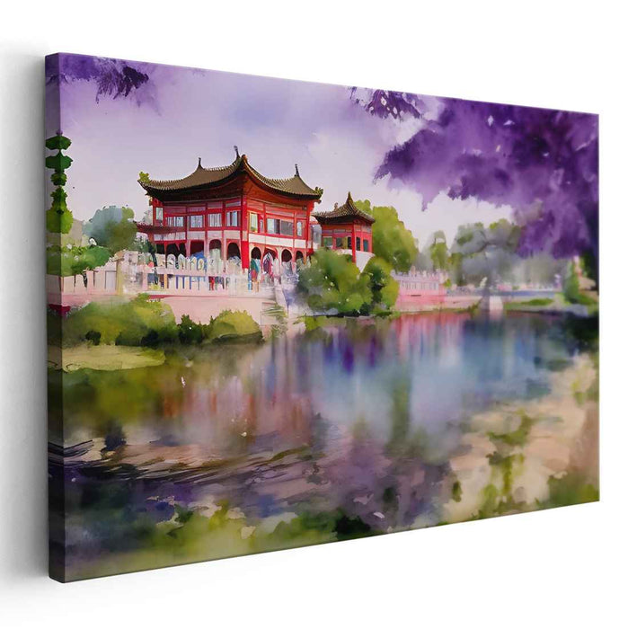 Pagoda Tranquility: Traditional Chinese Pagoda Watercolor Canvas Art Print