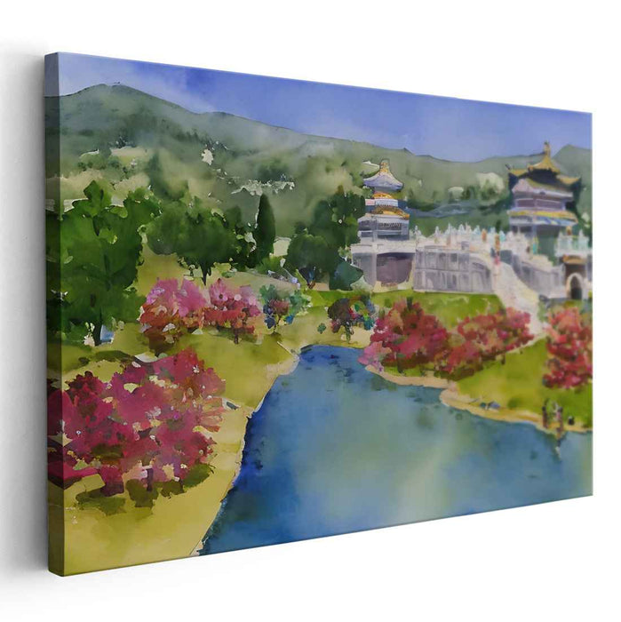 Tranquil Pagodas: Serene Watercolor Landscape with Blossoms