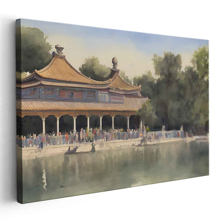 Ink Lotus Pavilion: Traditional Chinese Pavilion Watercolor Art Print