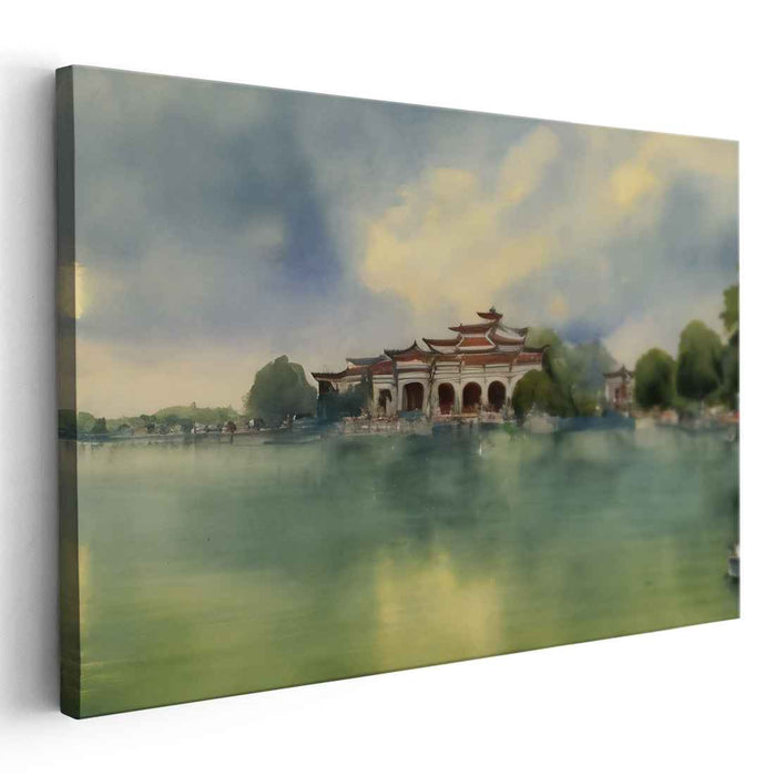 Ink Oasis Shrine: Traditional Chinese Temple Watercolor Landscape