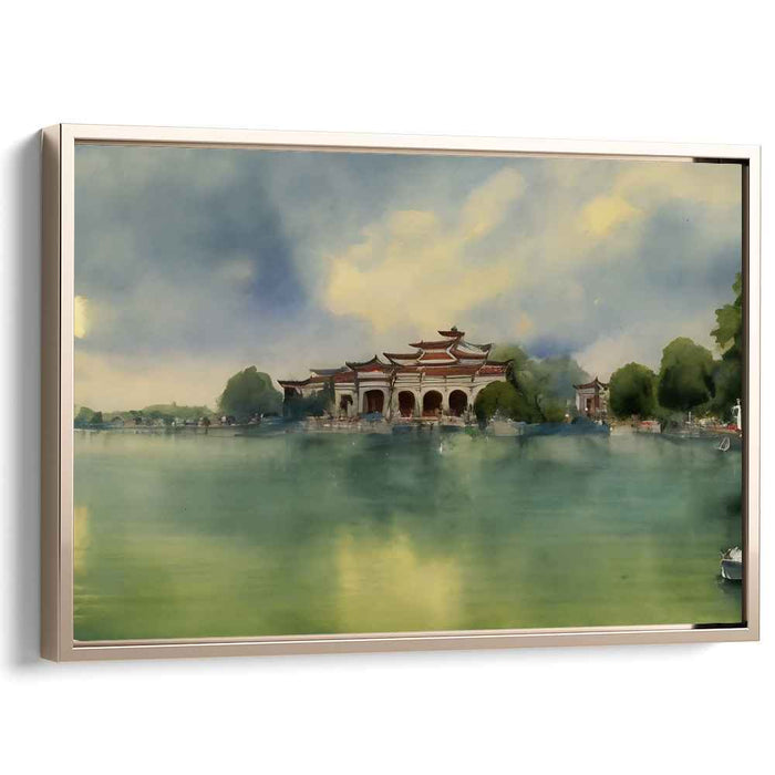 Ink Oasis Shrine: Traditional Chinese Temple Watercolor Landscape