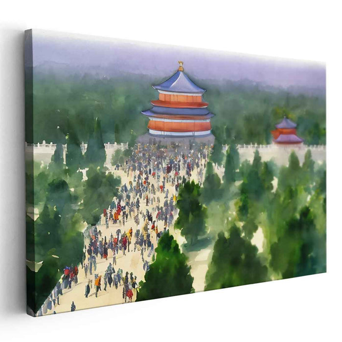 Vibrant Temple Gathering: Watercolor Impression of Historical Asian Architecture