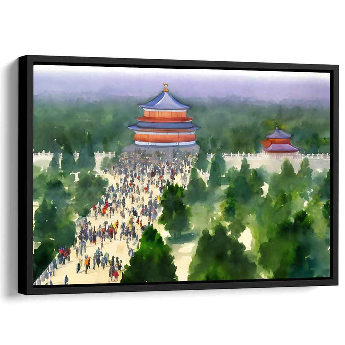 Vibrant Temple Gathering: Watercolor Impression of Historical Asian Architecture