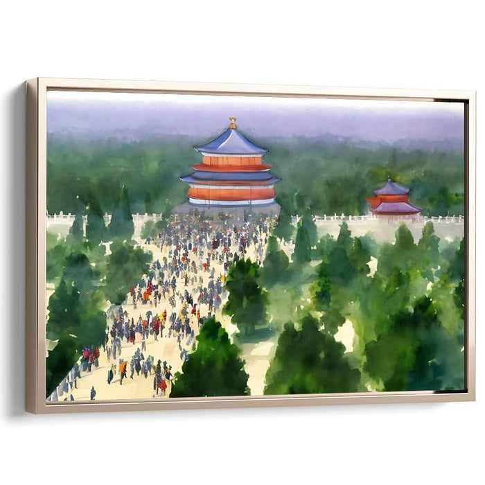 Vibrant Temple Gathering: Watercolor Impression of Historical Asian Architecture