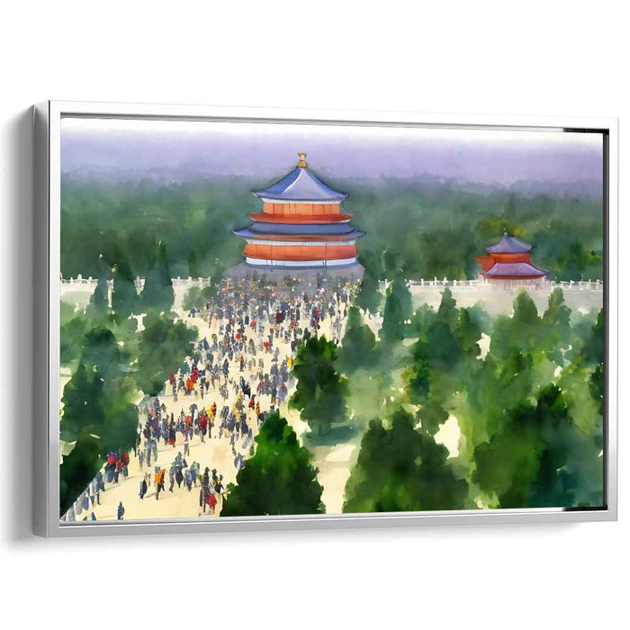 Vibrant Temple Gathering: Watercolor Impression of Historical Asian Architecture