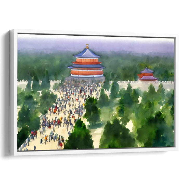 Vibrant Temple Gathering: Watercolor Impression of Historical Asian Architecture