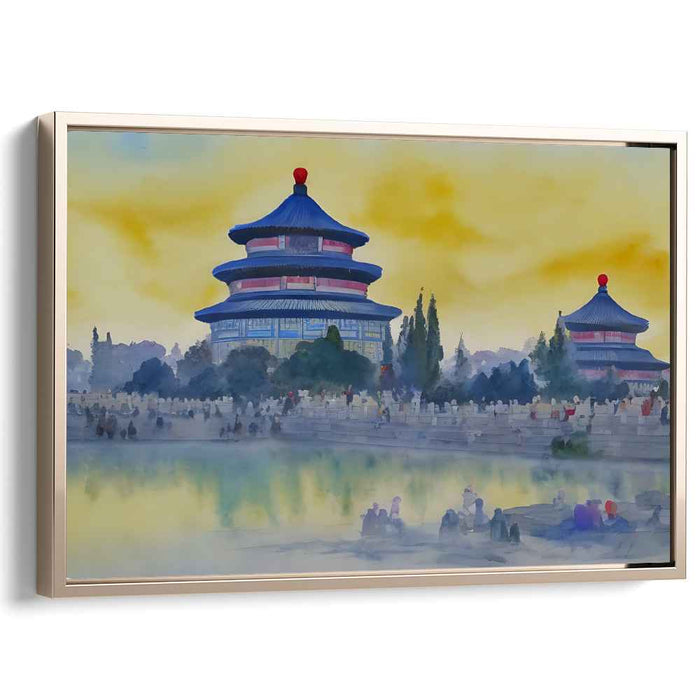 Golden Dawn at the Temple of Heaven: Serene Watercolor Landscape