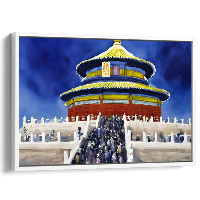 Ascending Serenity: Watercolor Painting of Temple of Heaven with Crowded Ascension