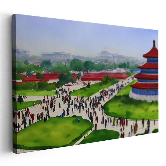 Bustling Harmony: Traditional Chinese Landmark in Vibrant Hues Canvas Art Print