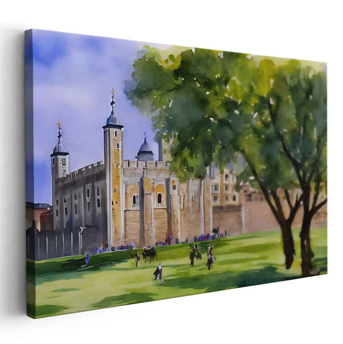 Enchanted Tower in Emerald Hues: Watercolor View of the Tower of London Amidst Verdant Greens