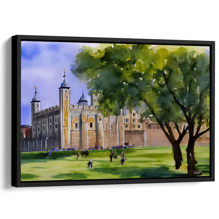 Enchanted Tower in Emerald Hues: Watercolor View of the Tower of London Amidst Verdant Greens