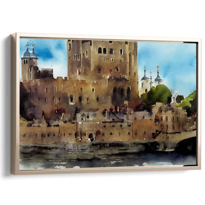 Mystic Citadel Hues: Watercolor Medieval Castle Canvas Art Print