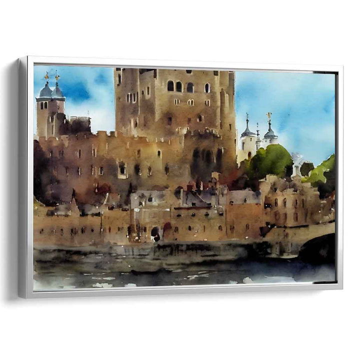 Mystic Citadel Hues: Watercolor Medieval Castle Canvas Art Print