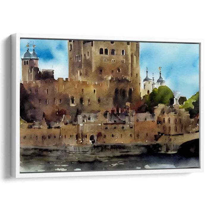 Mystic Citadel Hues: Watercolor Medieval Castle Canvas Art Print