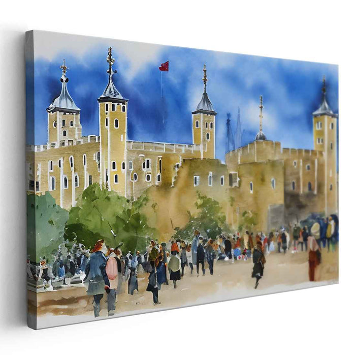 Castle Whispers: Watercolor Depiction of a Lively Castle Scene