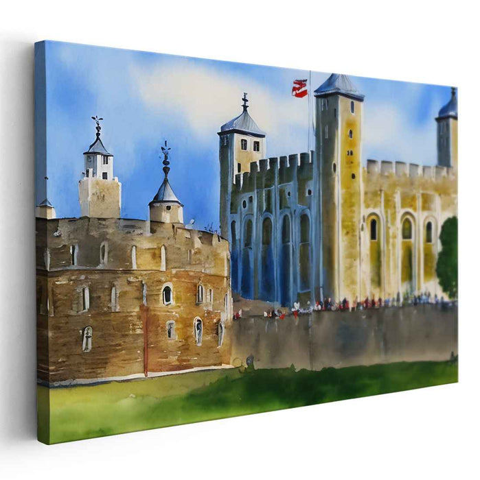 Majestic Medieval Fortress: Tower of London Watercolor Canvas Art Print