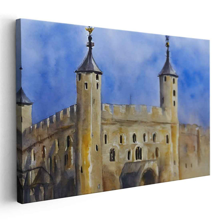 Mystic Fortress: Romantic Watercolor Castle in Misty Blue