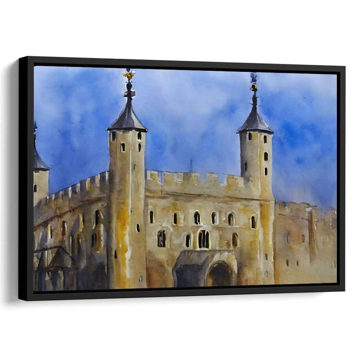 Mystic Fortress: Romantic Watercolor Castle in Misty Blue