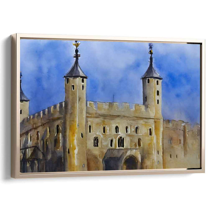 Mystic Fortress: Romantic Watercolor Castle in Misty Blue