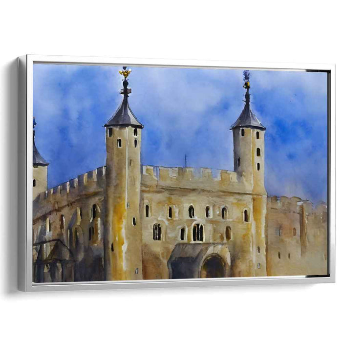 Mystic Fortress: Romantic Watercolor Castle in Misty Blue