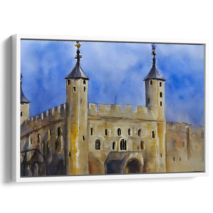 Mystic Fortress: Romantic Watercolor Castle in Misty Blue