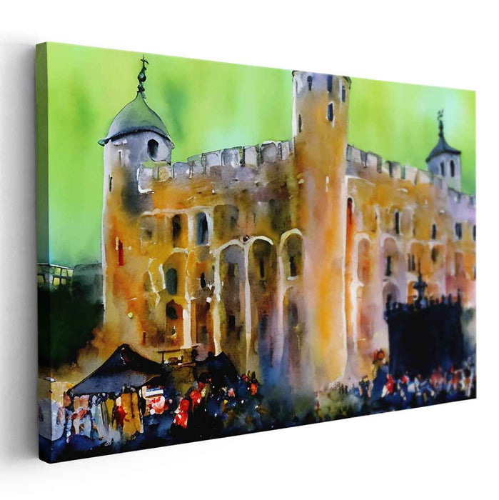 Misty Marketplace Tapestry: Medieval Castle Market Watercolor Art