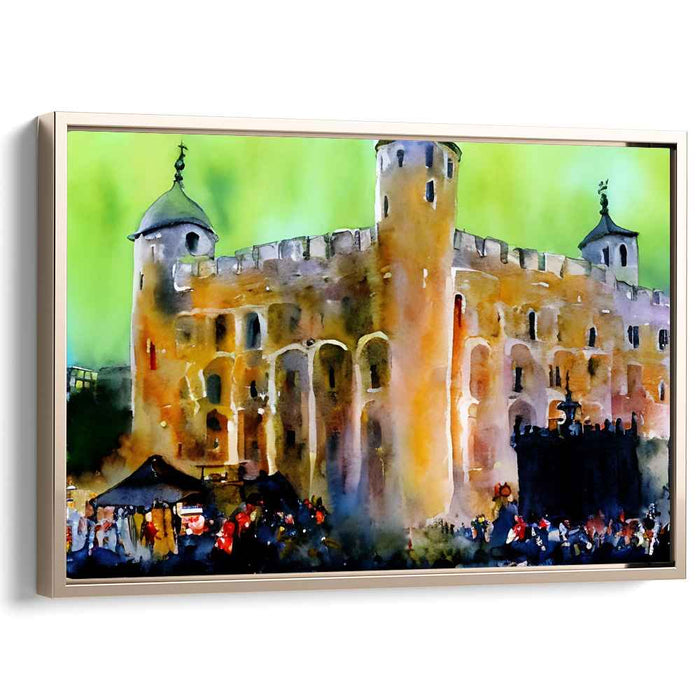 Misty Marketplace Tapestry: Medieval Castle Market Watercolor Art