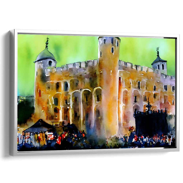 Misty Marketplace Tapestry: Medieval Castle Market Watercolor Art